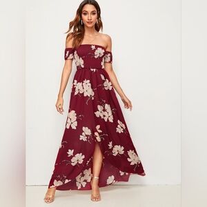 Burgundy Floral Off Shoulder Split Wrap Hem Shirred Dress Size M